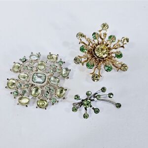 Lot of Three Vintage Green Rhinestone Cabochon Star Sunburst Brooches Pins